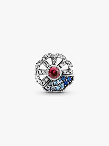 Fan silver charm with synthetic ruby, clear and fancy blue cubic zirconia, true blue and forever blue crystal