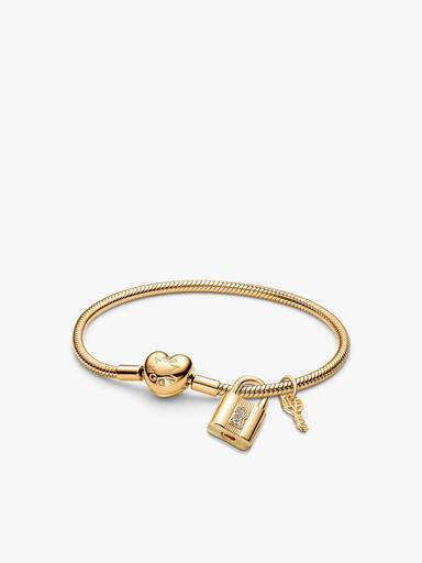 Padlock & Key Heart Clasp Snake Chain Bracelet Set