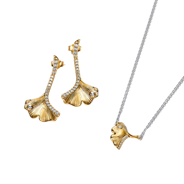 Gingko Leaf Two-tone Pendant Necklace and Drop Earrings Set