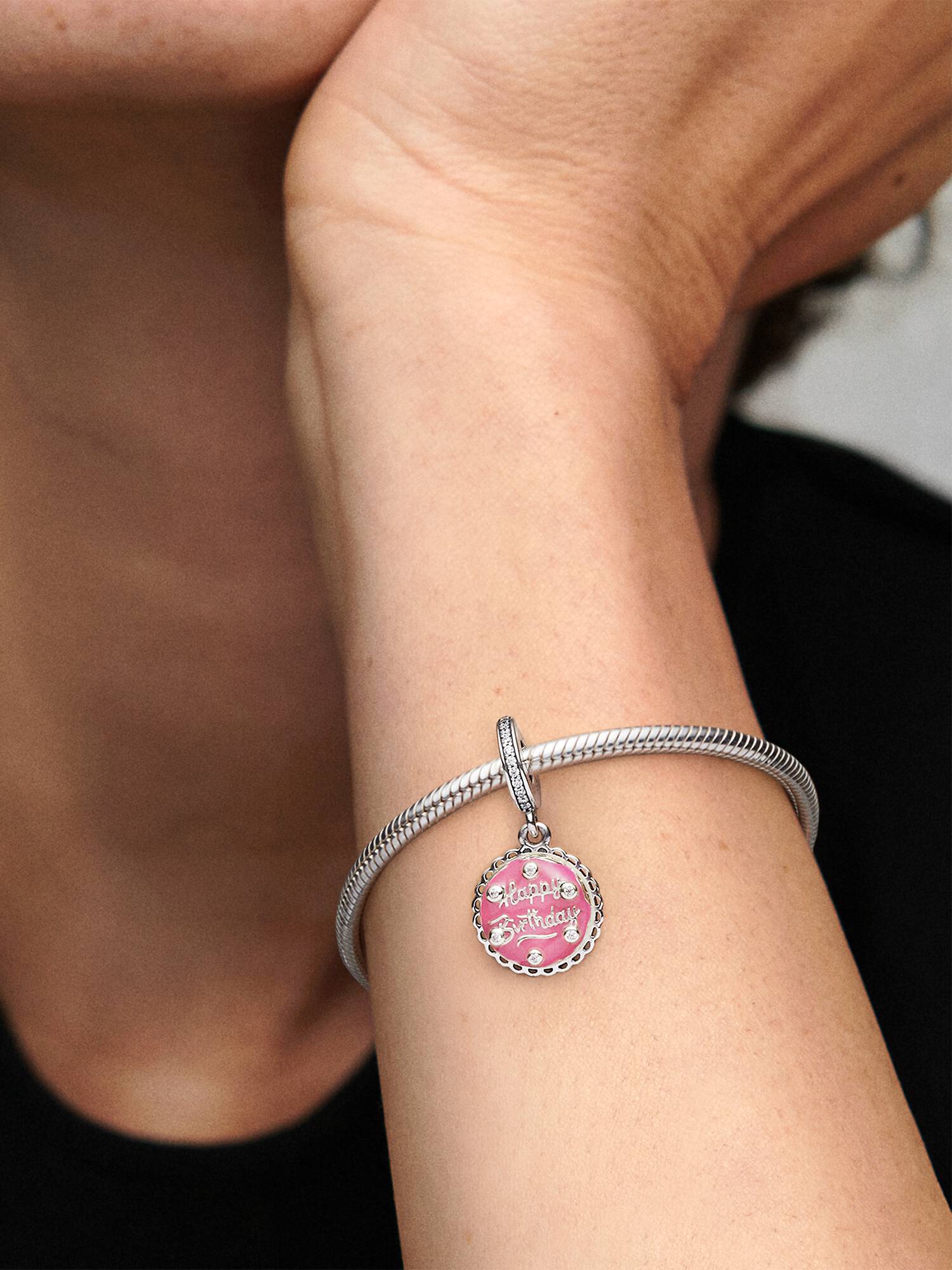 Birthday cake sterling silver dangle with clear cubic zirconia and pink enamel