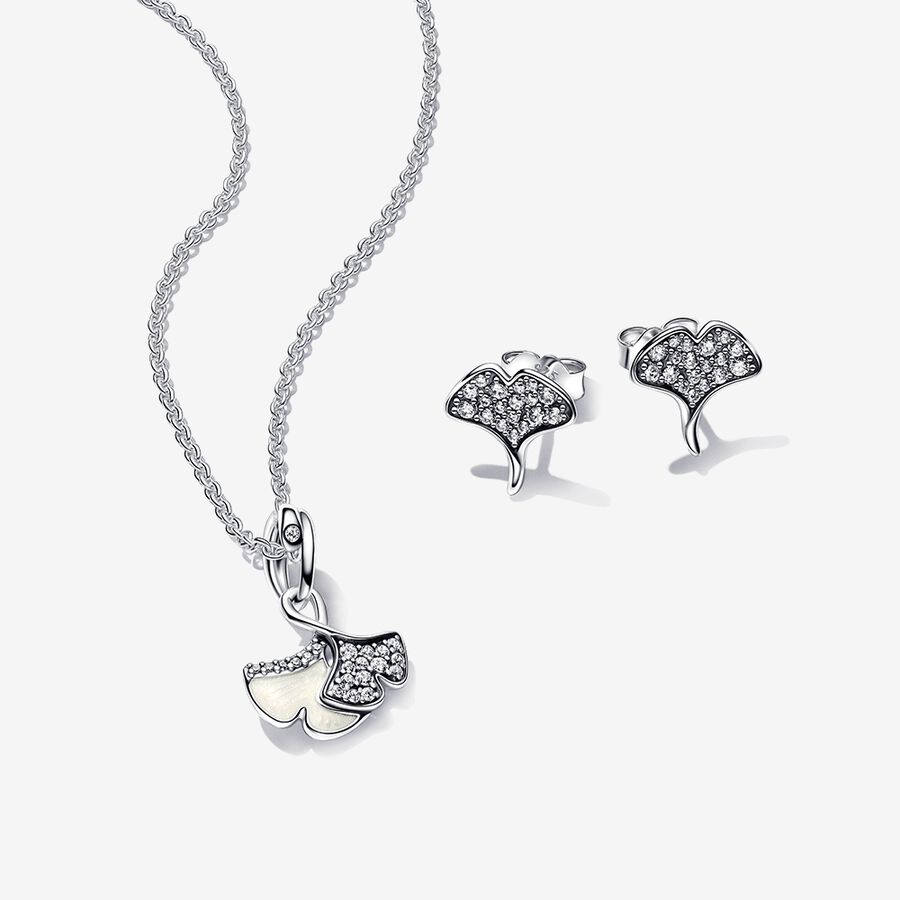 Double Gingko Leaves Sparkling Necklace and Sparkling Stud Earrings Set image number 0