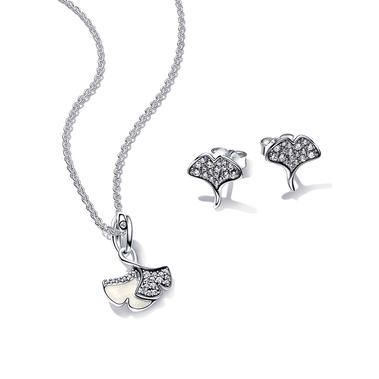 Double Gingko Leaves Sparkling Necklace and Sparkling Stud Earrings Set