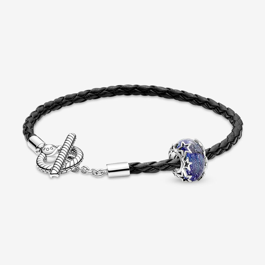 Galaxy Blue Charm and Leather T-bar Bracelet Set image number 0