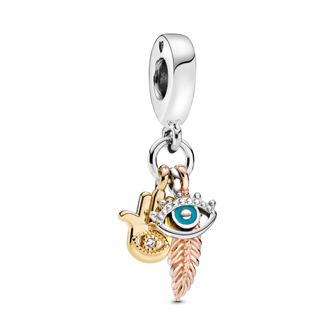 Hand, eye and feather sterling silver, 14k gold-plated and 14k rose gold-plated dangle with clear cubic zirconia and turquoise enamel