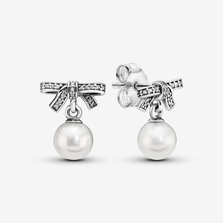 Sparkling Bow & Freshwater Cultured Pearl Stud Earrings image number 0