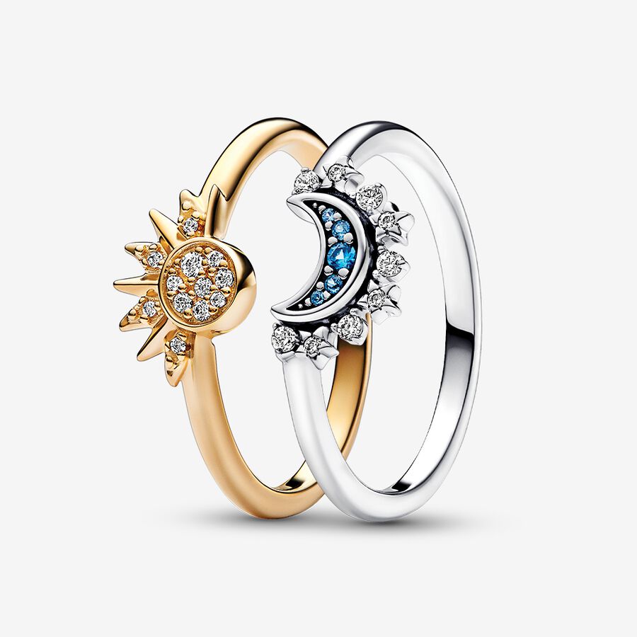 Celestial Sparkling Sun and Moon Ring Set image number 0