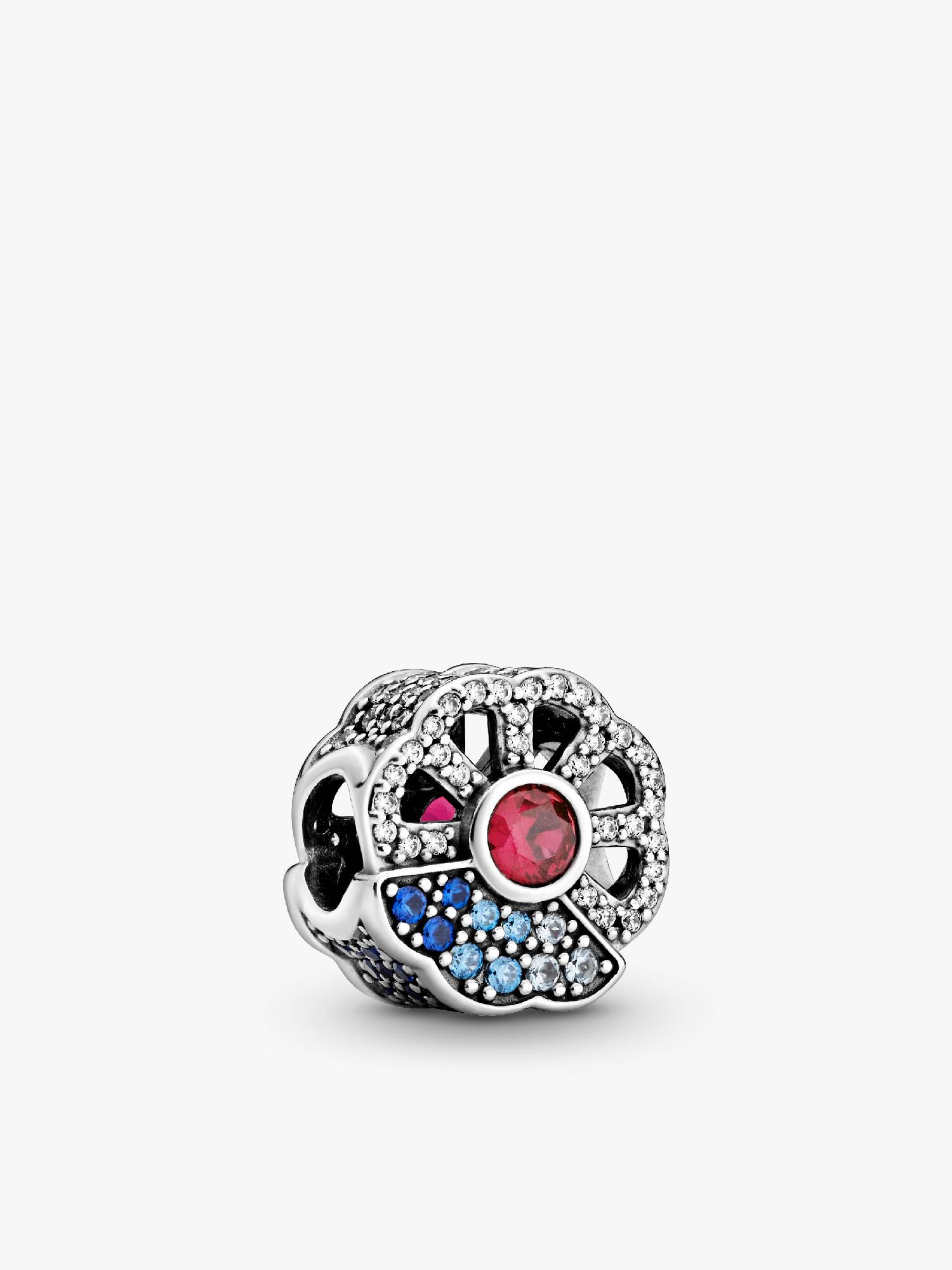 Fan silver charm with synthetic ruby, clear and fancy blue cubic zirconia, true blue and forever blue crystal