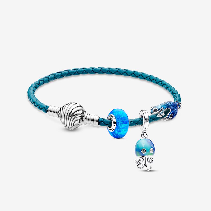 Colour-changing Jellyfish and Seashell Clasp Turquoise Braided Leather Bracelet Set image number 0