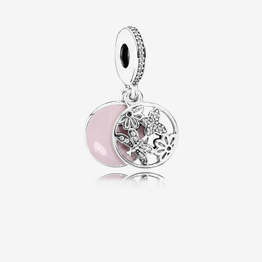SALE - Silver dangle with clear cubic zirconia and pink enamel image number 0