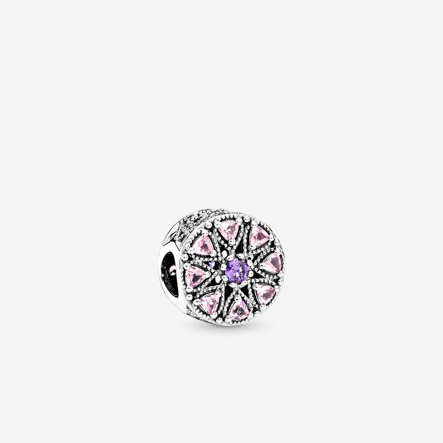 Abstract silver charm with purple cubic zirconia, rose pink crystal and clear cubic zirconia image number 0