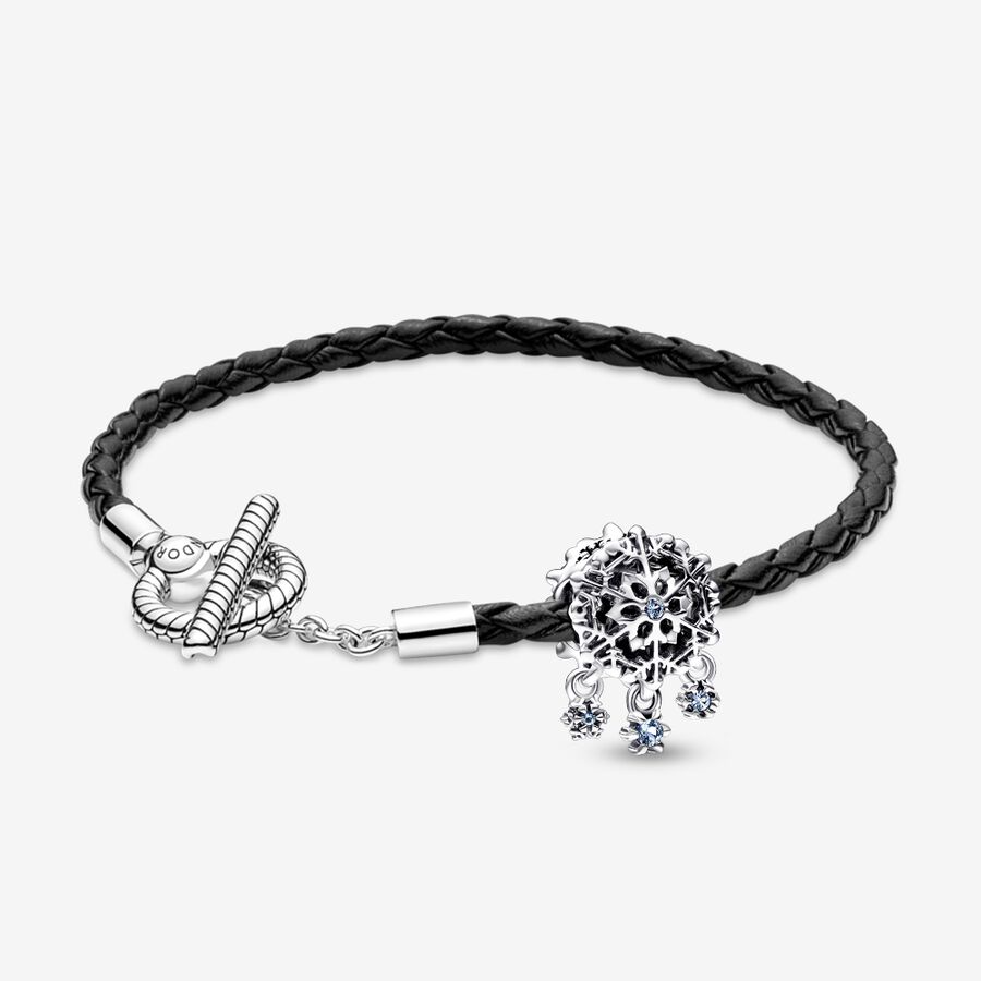 Icy Snowflake Drop Charm and Leather T-bar Bracelet Set image number 0