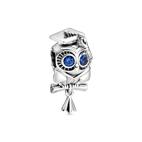 Graduation owl sterling silver charm with stellar blue crystal