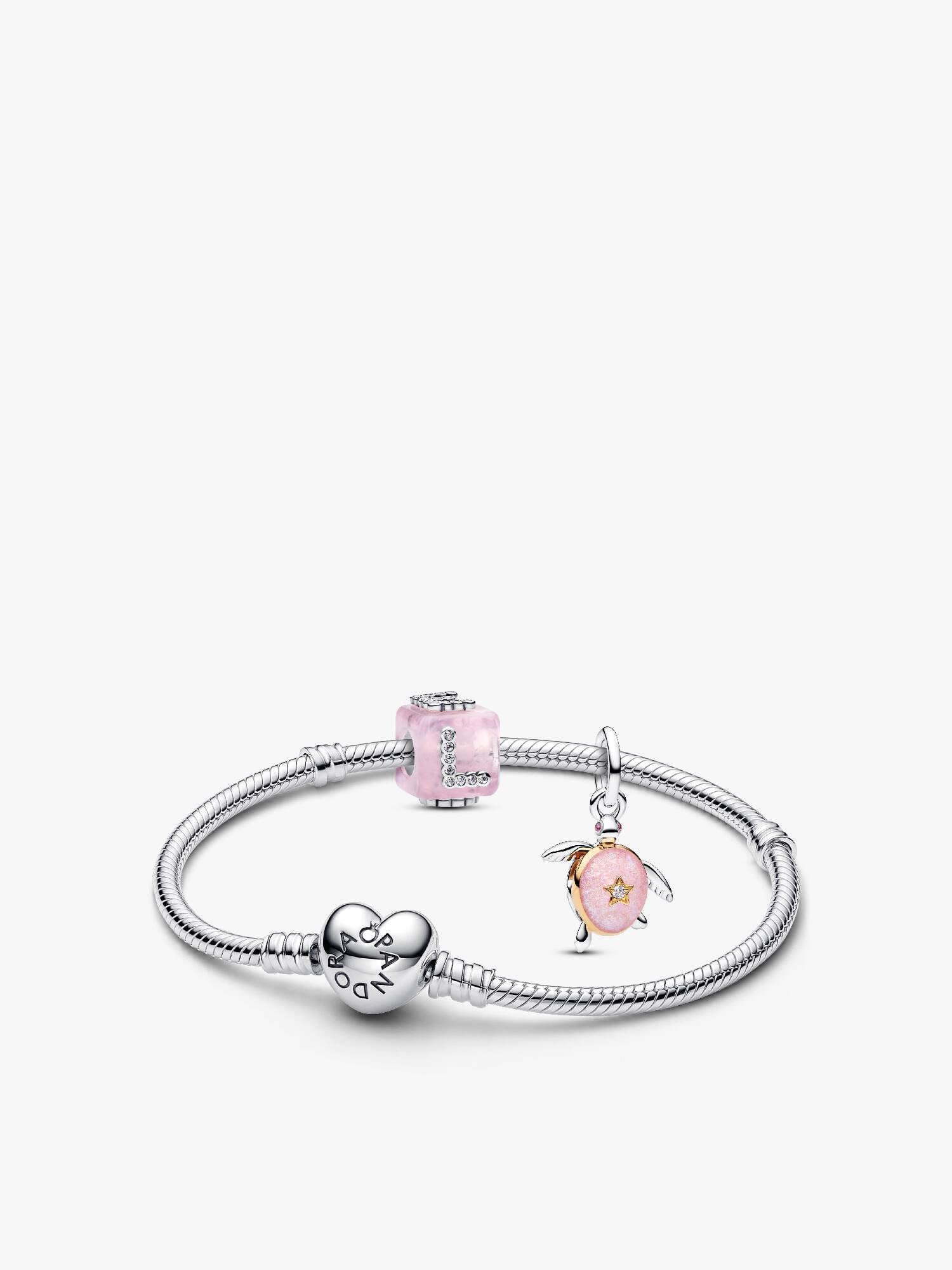 Pink Sea Turtle and Murano Glass Love Cube Charm Bracelet Set