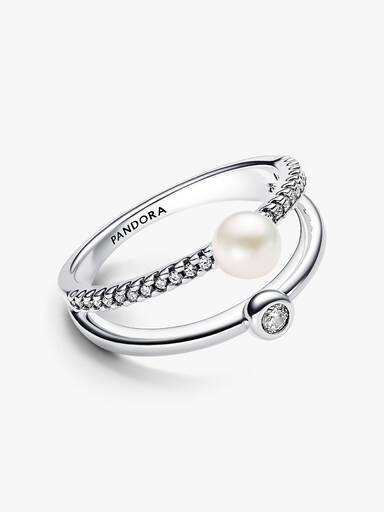 Treated Freshwater Cultured Pearl & Pavé Double Band Ring