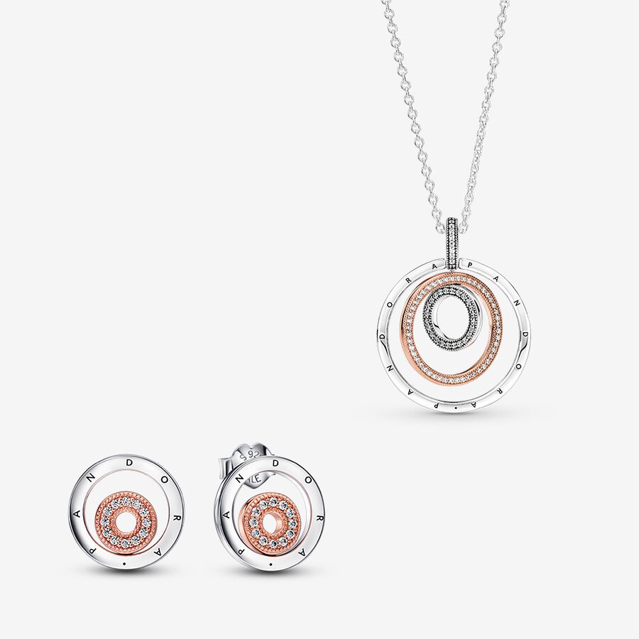 Pandora Signature Logo Two-tone Circles Necklace and Earrings Set image number 0