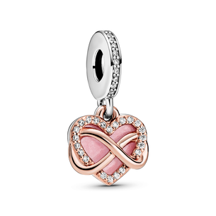 Infinity heart 14k rose gold-plated and sterling silver dangle with clear cubic zirconia and pink enamel