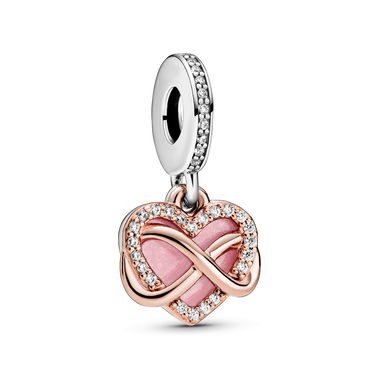 Infinity heart 14k rose gold-plated and sterling silver dangle with clear cubic zirconia and pink enamel