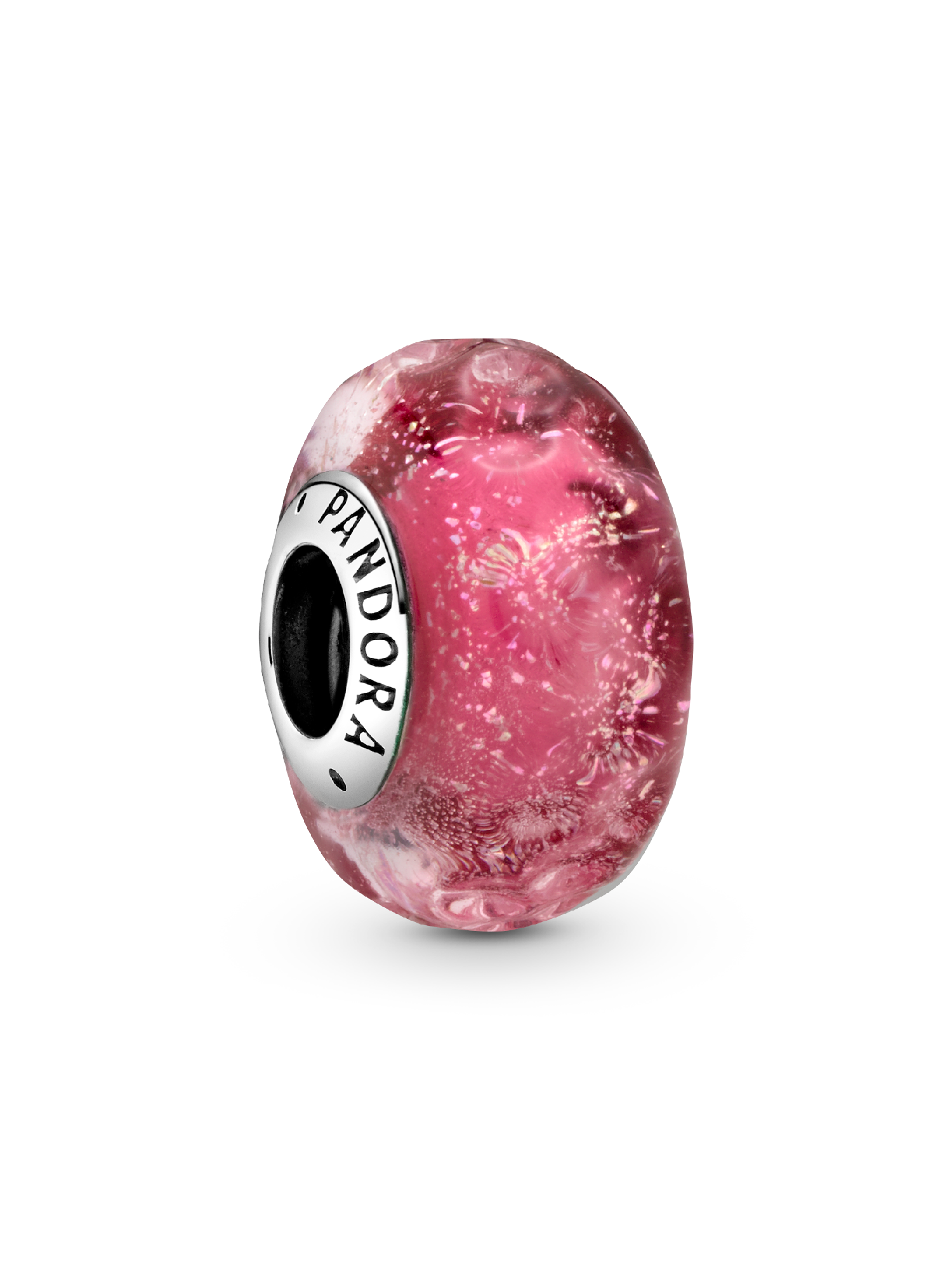 Wavy sterling silver charm with iridescent and pink Murano glass