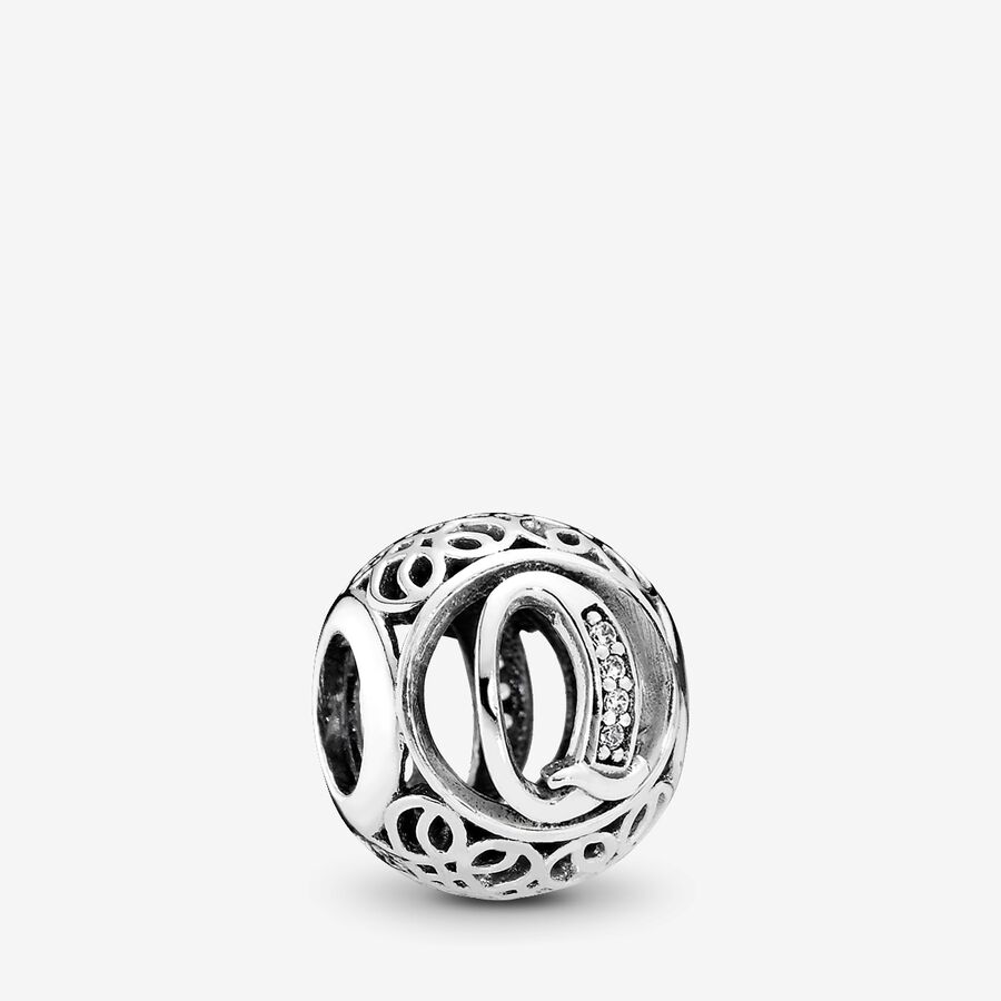 SALE - Letter Q silver charm with clear cubic zirconia image number 0