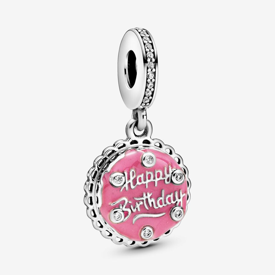 Birthday cake sterling silver dangle with clear cubic zirconia and pink enamel image number 0