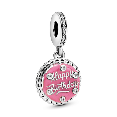 Birthday cake sterling silver dangle with clear cubic zirconia and pink enamel