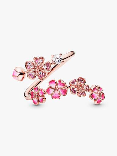 Pink Peach Blossom Flower Branch Open Ring