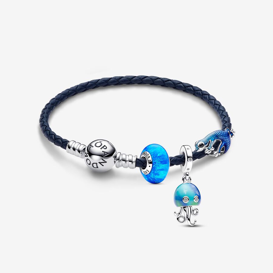 Colour-changing Jellyfish and Round Clasp Blue Braided Leather Bracelet Set image number 0