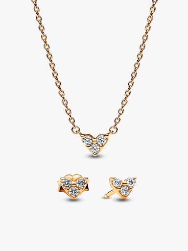 Golden Triple Stone Heart Necklace and Earrings Set