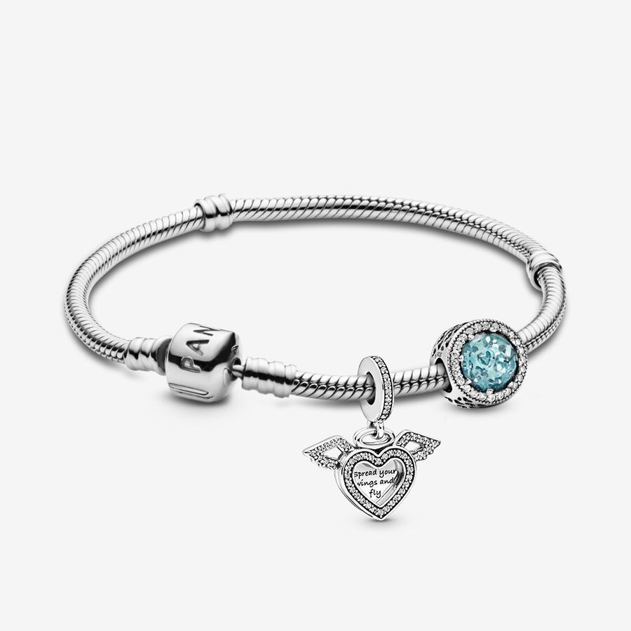 Heart and Angel Wings and Sparkling Glacier Blue Charm Braclet Set image number 0