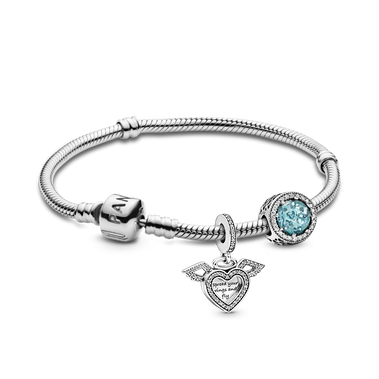 Heart and Angel Wings and Sparkling Glacier Blue Charm Braclet Set