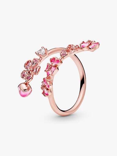 Pink Peach Blossom Flower Branch Open Ring