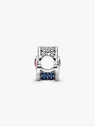 Fan silver charm with synthetic ruby, clear and fancy blue cubic zirconia, true blue and forever blue crystal