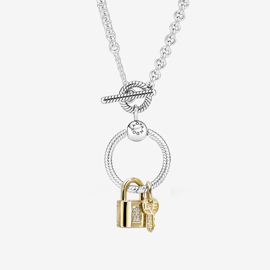 Padlock & Key Dangle Charm and O Pendant T-bar Necklace Set image number 0