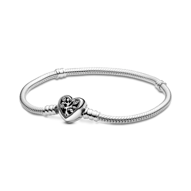 Snake chain sterling silver bracelet and heart clasp with clear cubic zirconia and black enamel