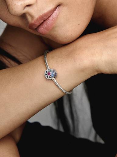Fan silver charm with synthetic ruby, clear and fancy blue cubic zirconia, true blue and forever blue crystal