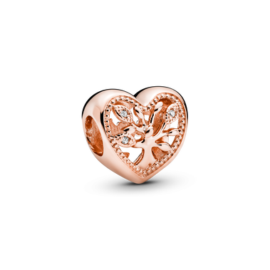 Family tree heart 14k rose gold-plated charm with clear cubic zirconia
