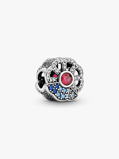 Fan silver charm with synthetic ruby, clear and fancy blue cubic zirconia, true blue and forever blue crystal