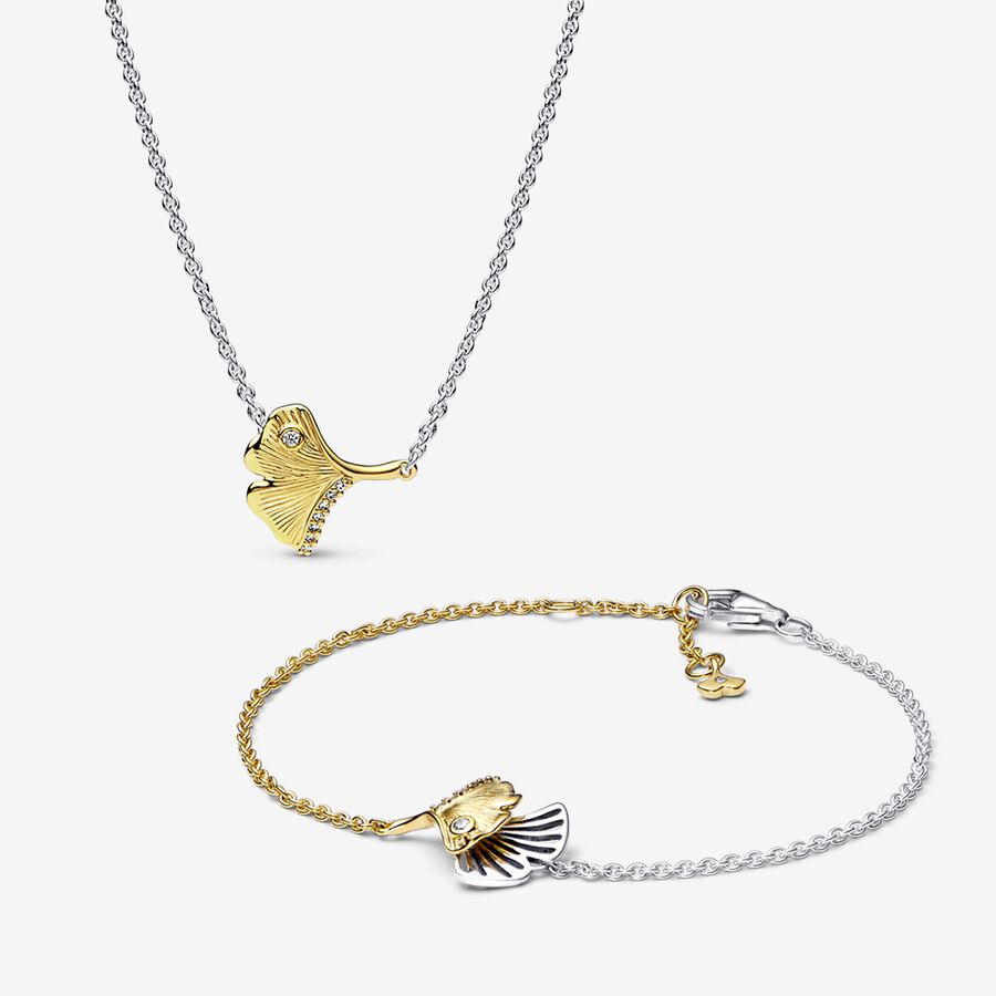 Gingko Leaf Two-tone Pendant Necklace and  Bracelet Set image number 0