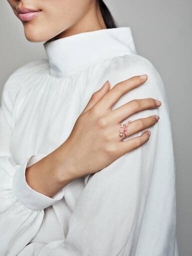 Pink Peach Blossom Flower Branch Open Ring