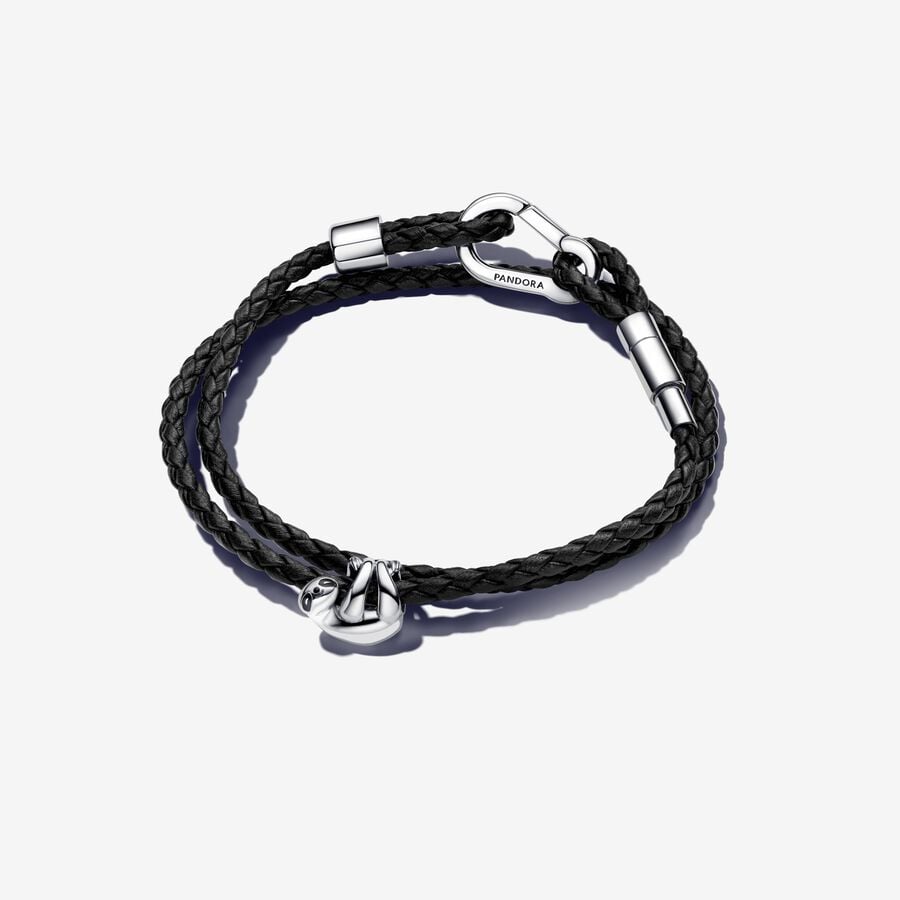 Hanging Sloth & Brown Braided Double Leather Bracelet Set image number 0