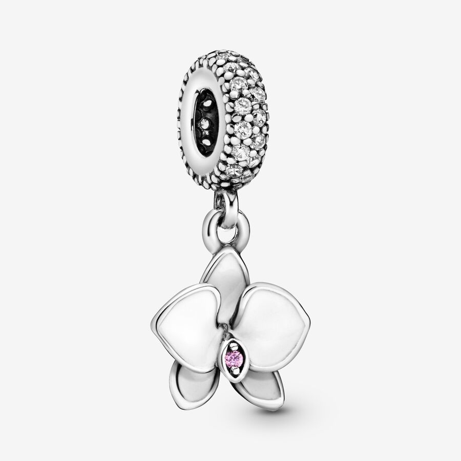 White Orchid Flower Dangle Charm image number 0