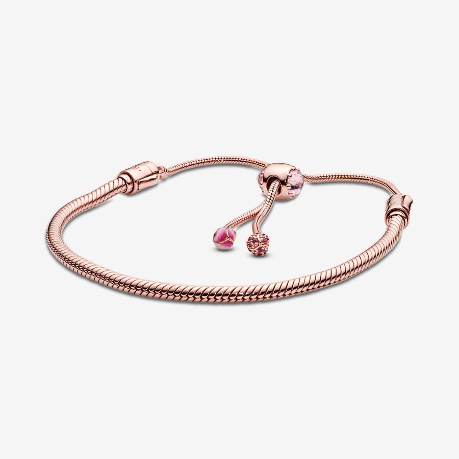 Pandora Moments Pink Peach Blossom Flower Snake Chain Slider Bracelet image number 0